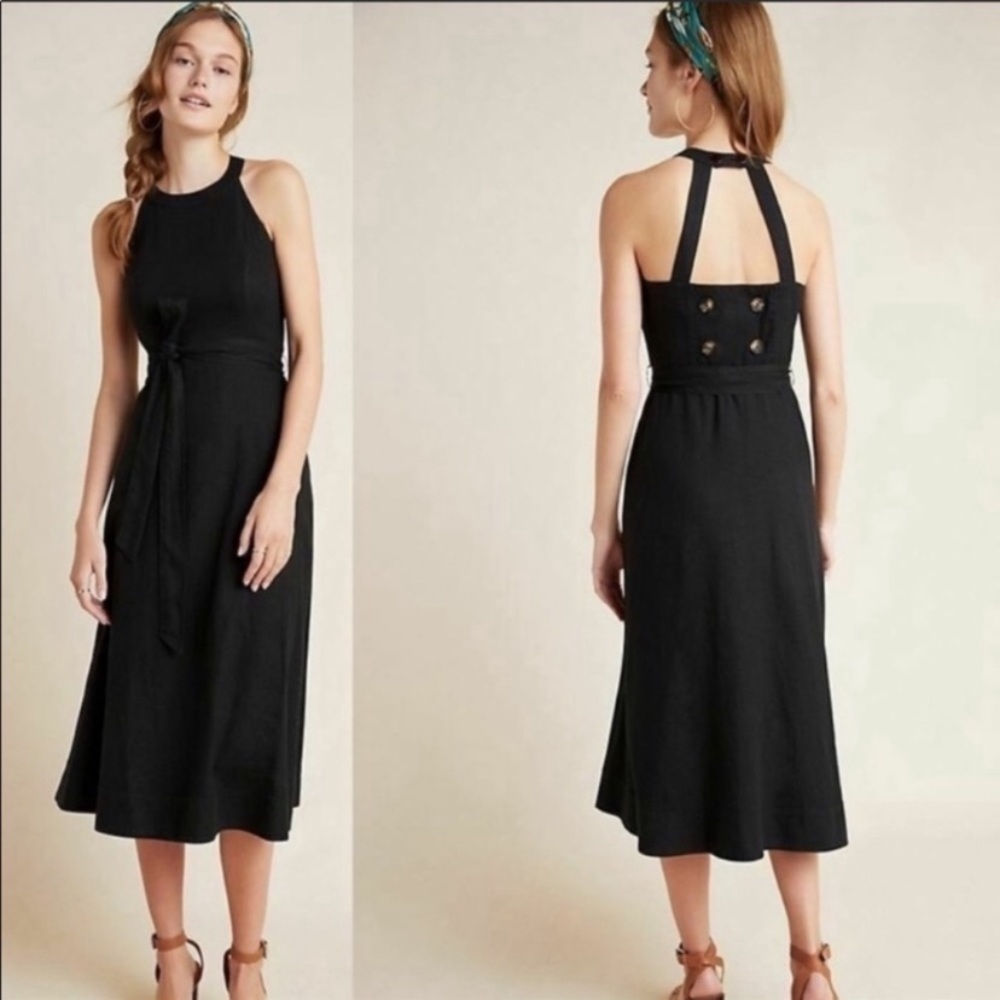 Anthropologie Linen Blend Black Greta Pockets Midi Dress Size 12